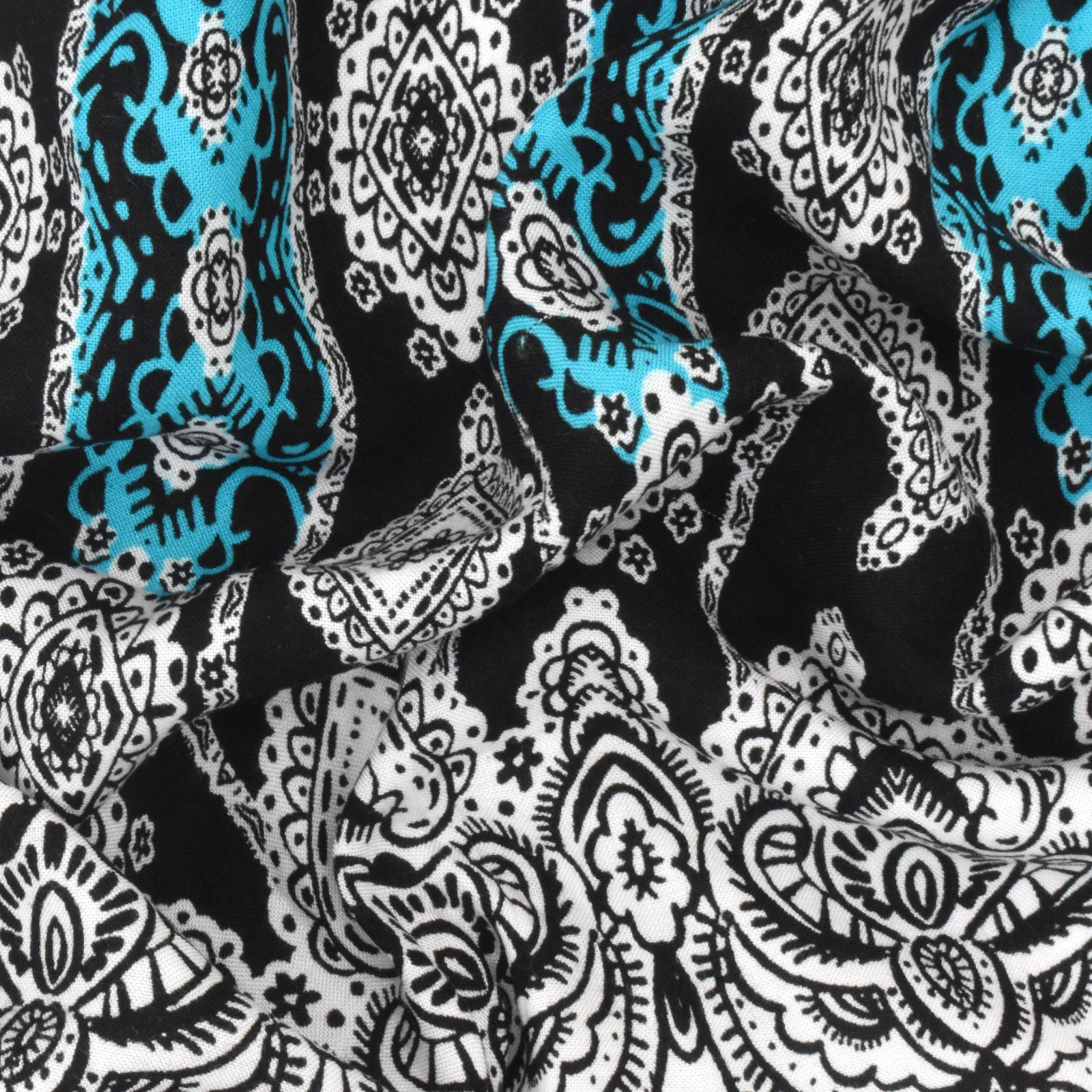 1 1/2 YD PC-Black-Aqua-Multi Floral Border Printed Cotton Batiste Fabric