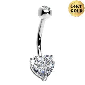 14KT White Gold Heart Solitaire CZ Belly Button Rings 14G Navel Ring