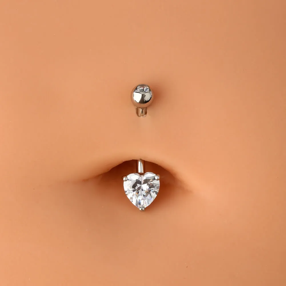 14KT White Gold Heart Solitaire CZ Belly Button Rings 14G Navel Ring