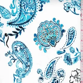 3 3/8 YD PC-White/Turquoise/Aqua Paisley Rayon Challis Fabric