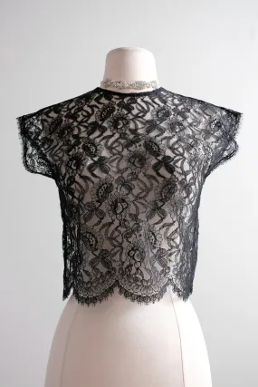 Adorable 1950's Sheer Black Lace Top / Sz S