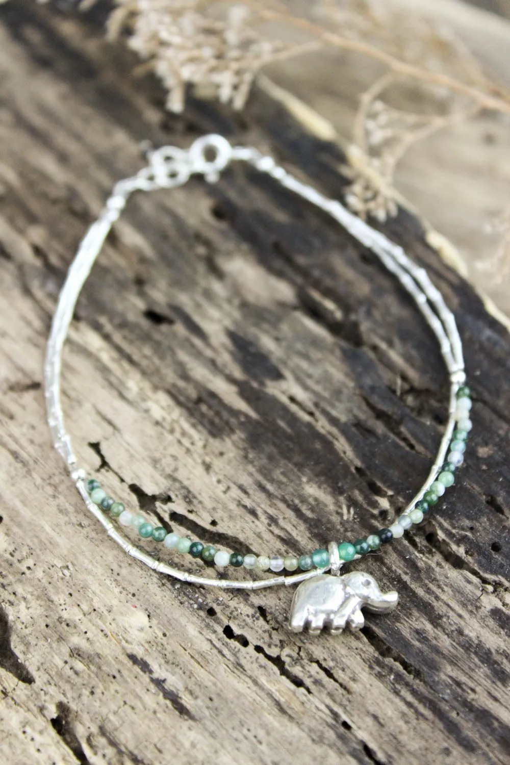 Aventurine and Silver Elephant Charm Bracelet