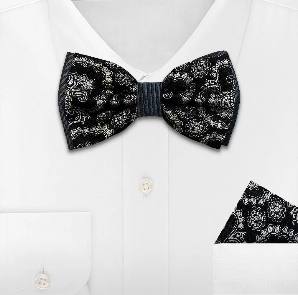 BLACK WOVEN BOW TIE & HANKIE SET