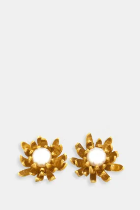 Chrysanthemum Flower Pearl Earrings Gold