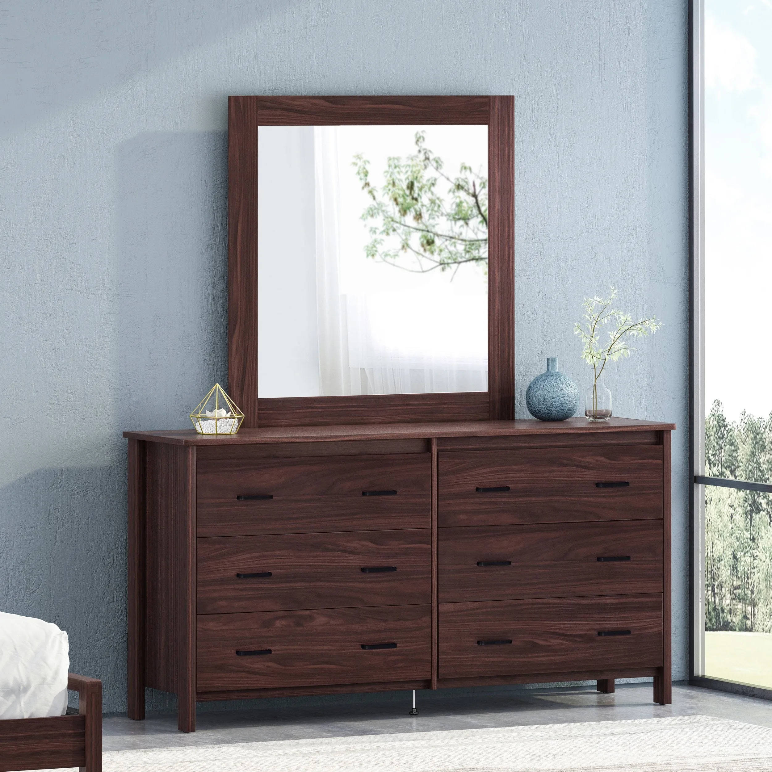 Contemporary 6 Drawer Vanity Dresser with Square Mirror - NH119413