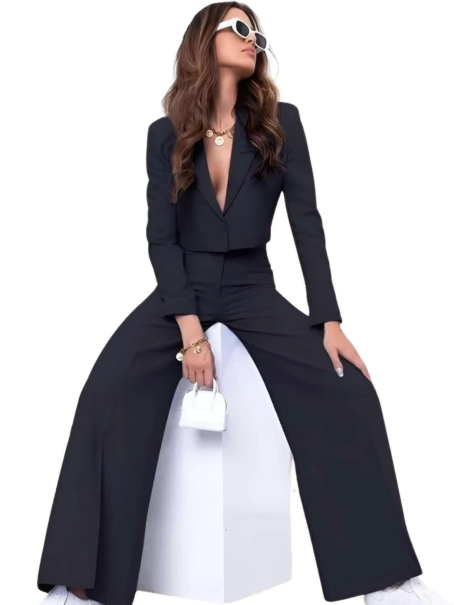 Cropped Blazer and Wide Leg Pants High Waisted 2-Piece Sets For Women