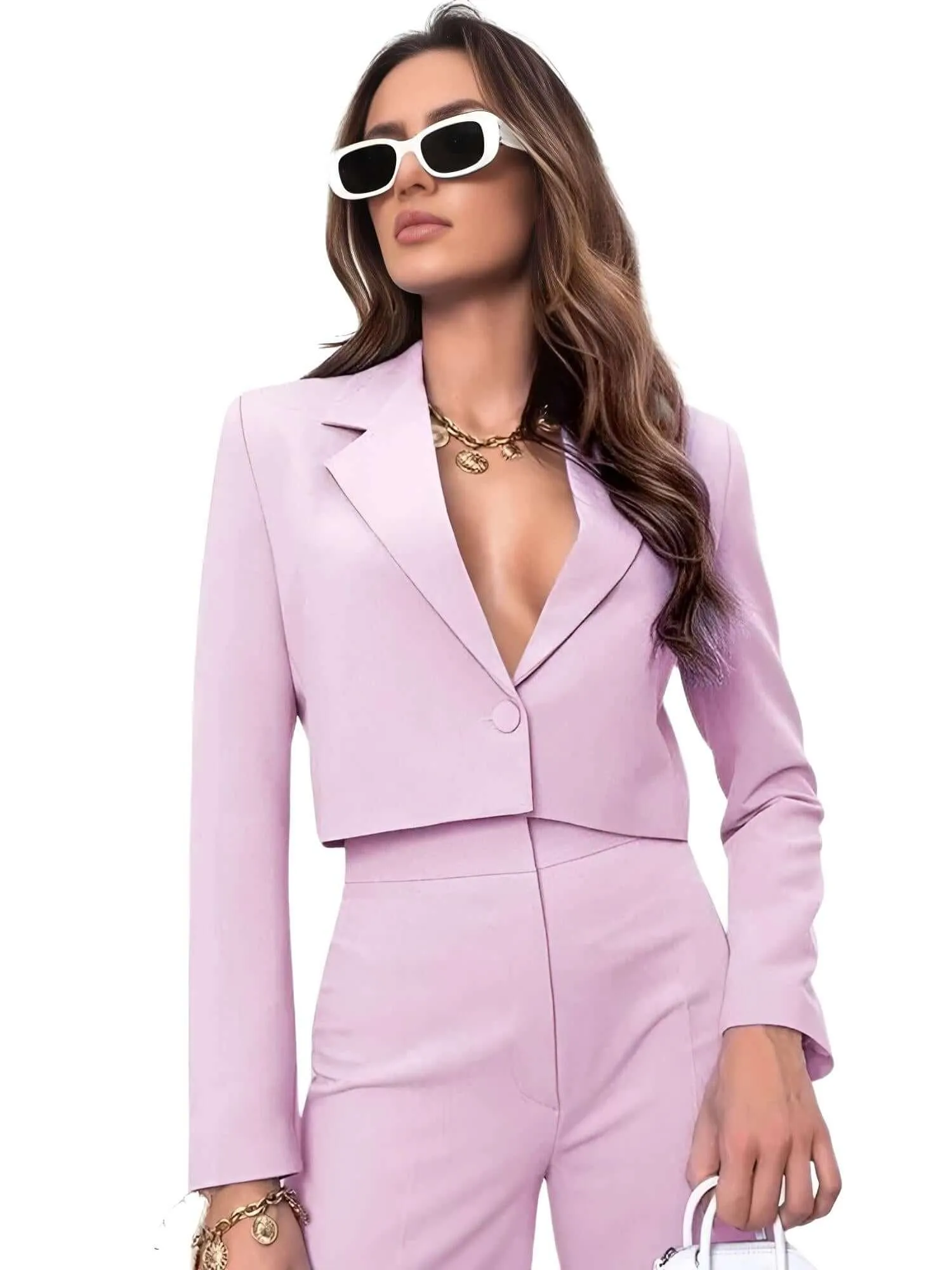 Cropped Blazer and Wide Leg Pants High Waisted 2-Piece Sets For Women