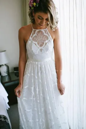 Elegant A-line Halter Lace Long Wedding Dress