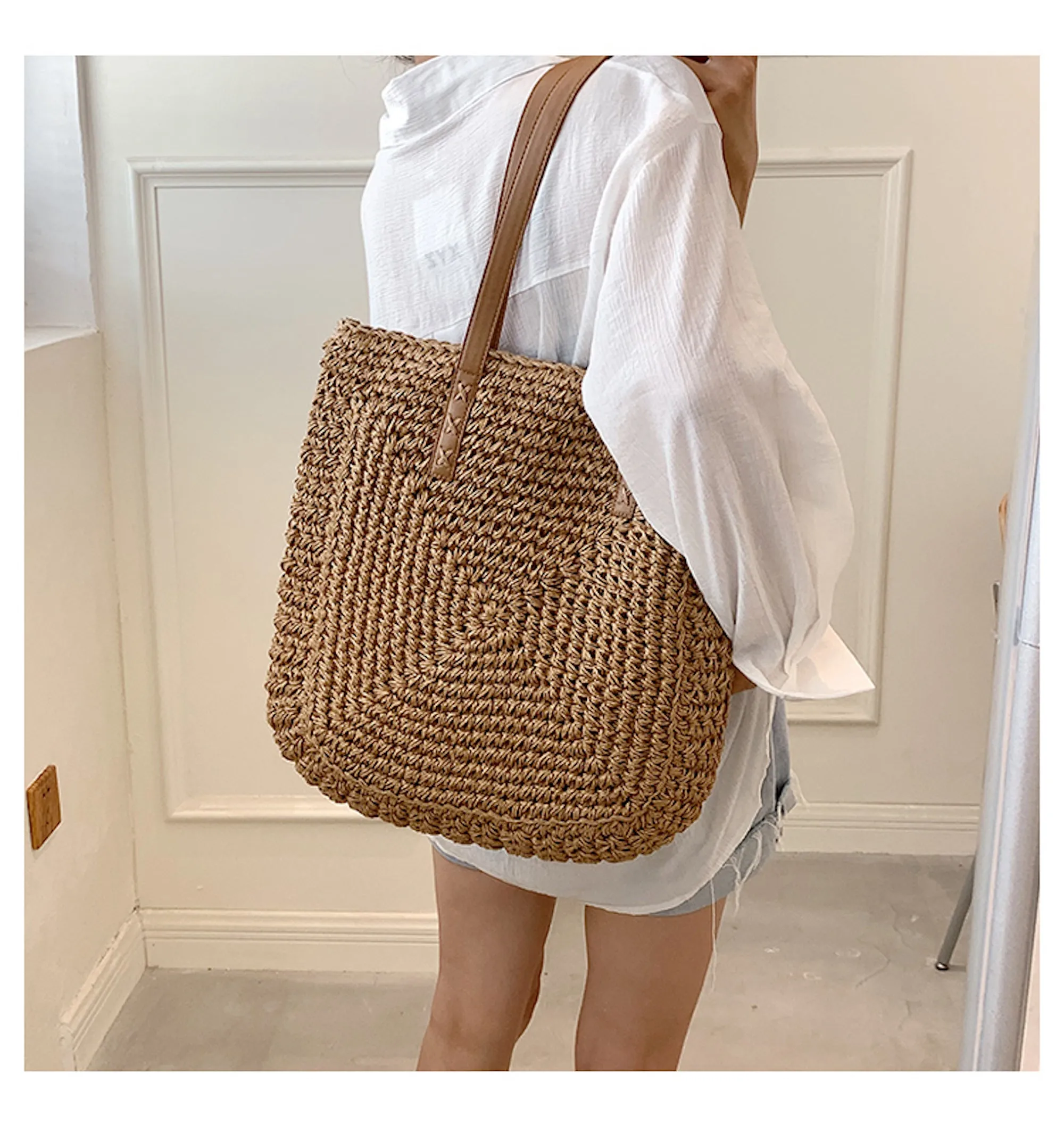 Elena Handbags Patterned Straw Woven Tote Bag