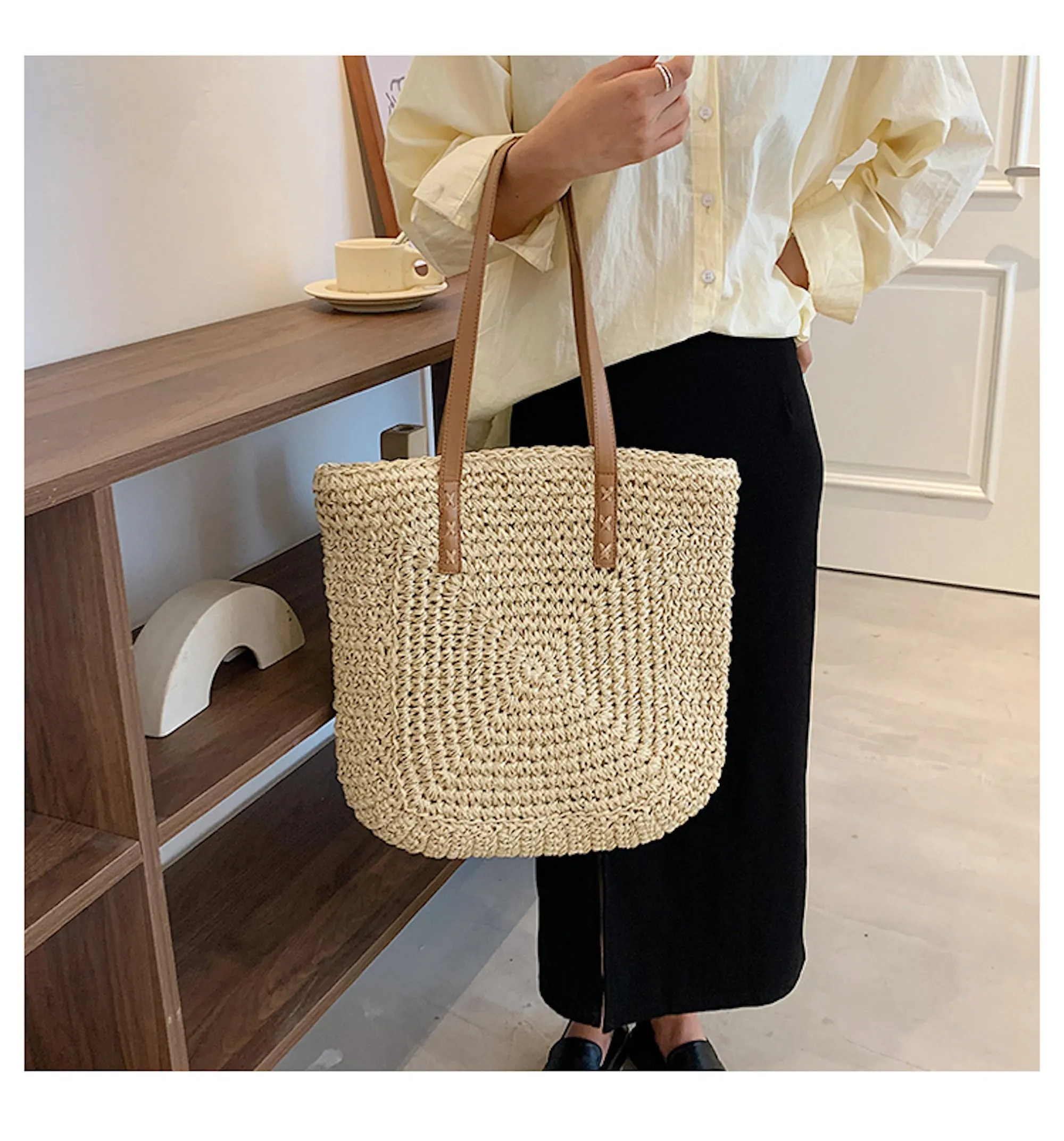 Elena Handbags Patterned Straw Woven Tote Bag