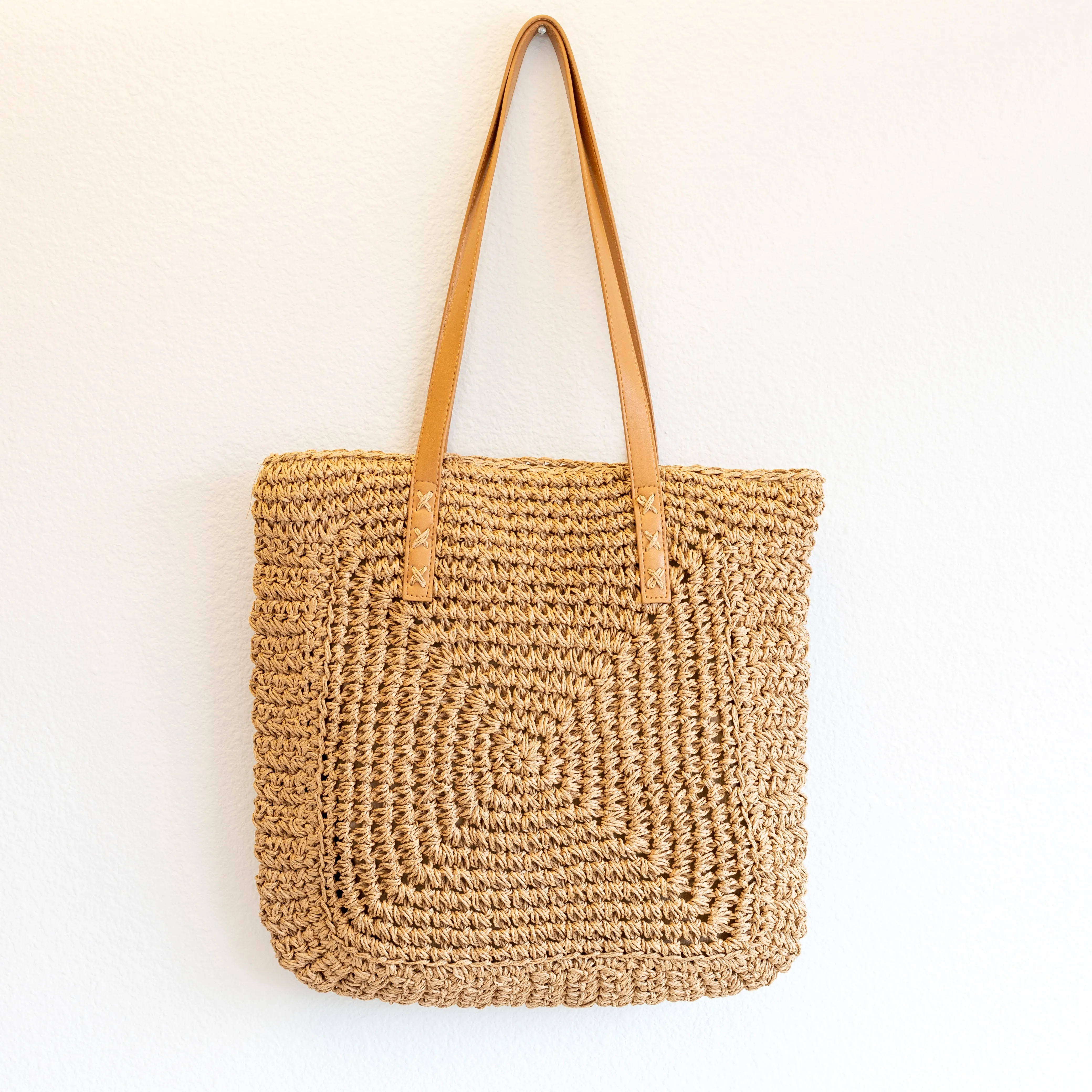 Elena Handbags Patterned Straw Woven Tote Bag