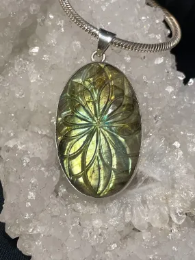 Flower of Life Hand Carved Labradorite Pendant