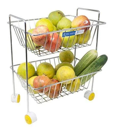 Kitchen Mart Fruit & Vegetable Trolley with Wheels, Rectangle, 2-Tier, Stainless Steel (Multipurpose Kitchen Storage Rack / Shelf)