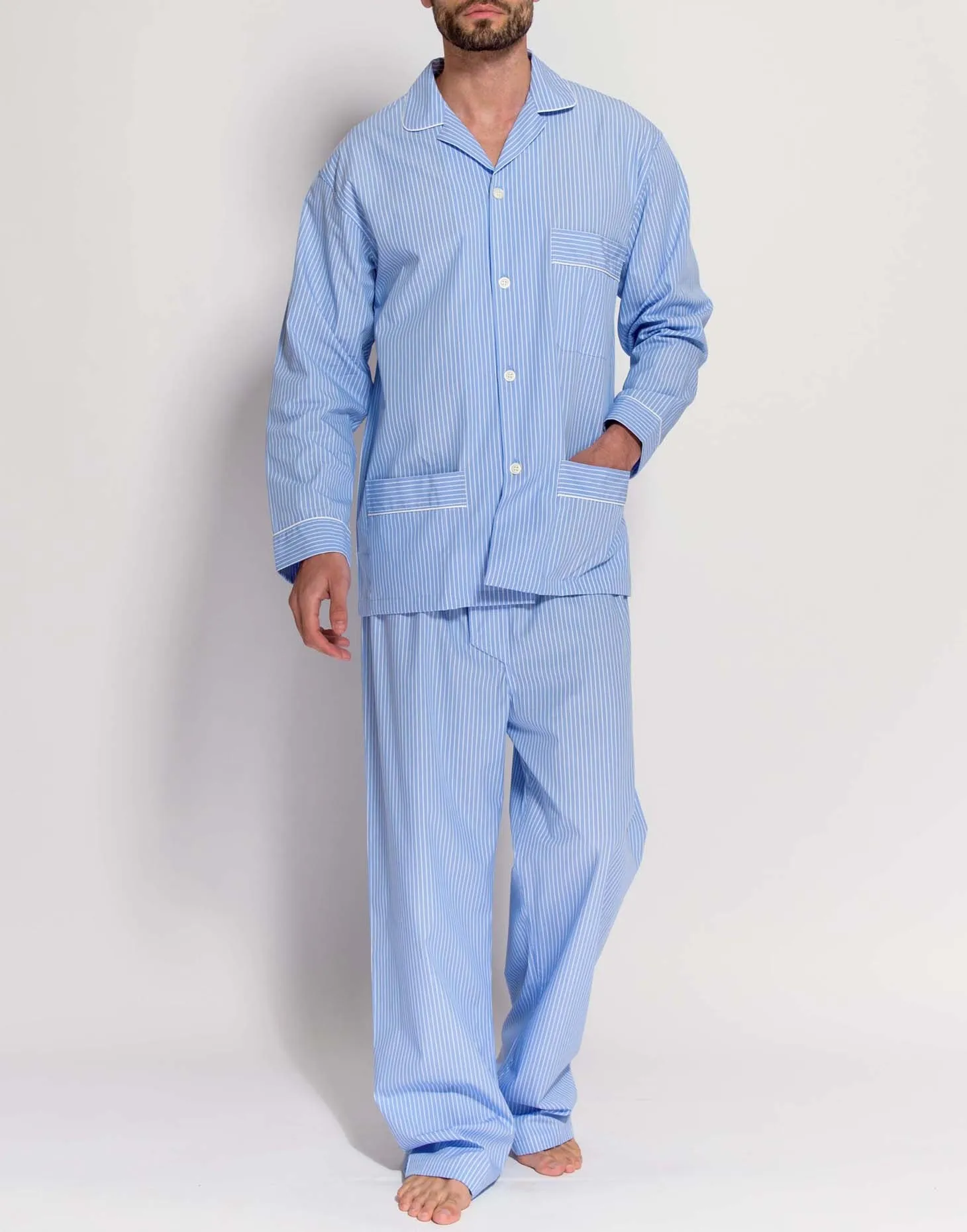 Men's Crisp Cotton Pyjama Set – Sky Blue & White Stripe