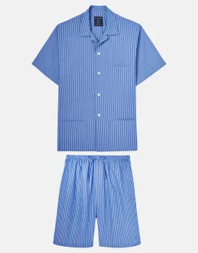 Men's Crisp Cotton Un-Piped Short Pyjama Set – Mid-Blue & White Stripe