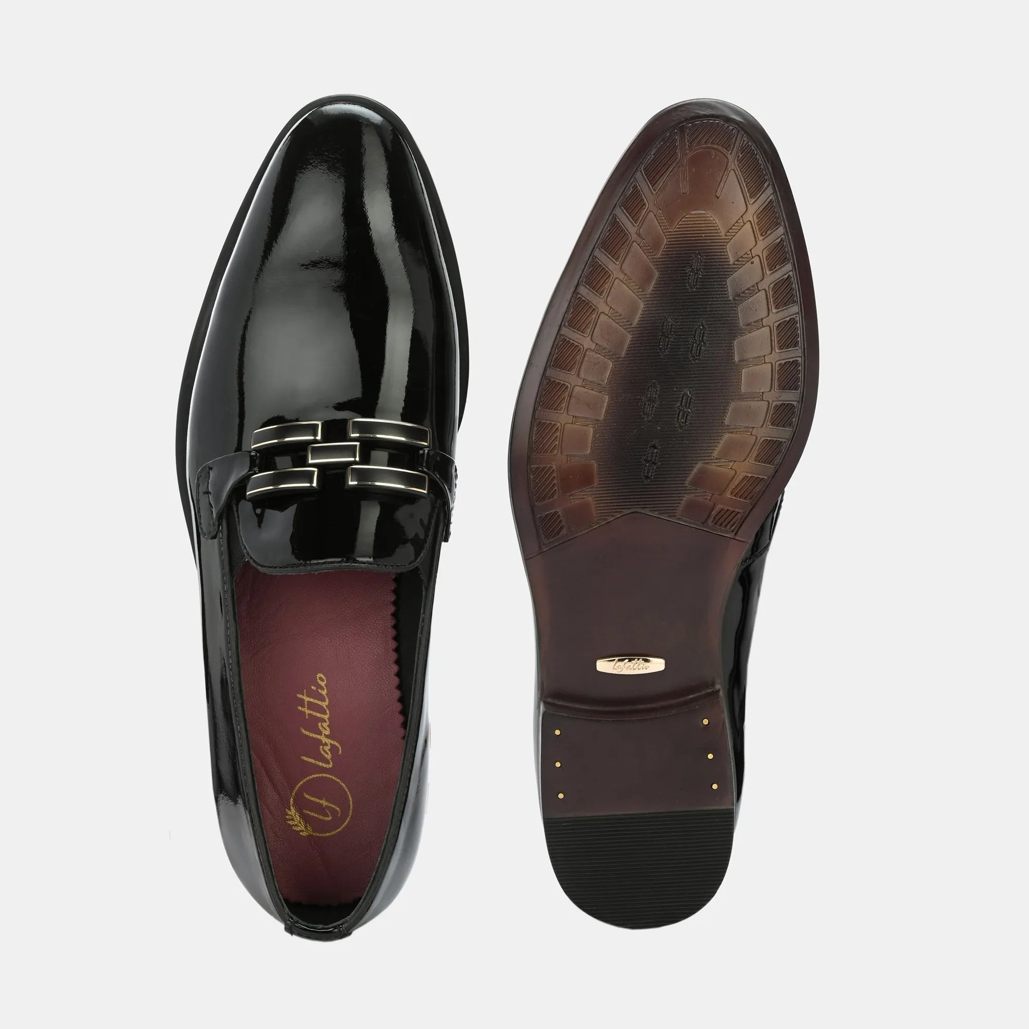 Patent Black Buckled Moccasins by Lafattio