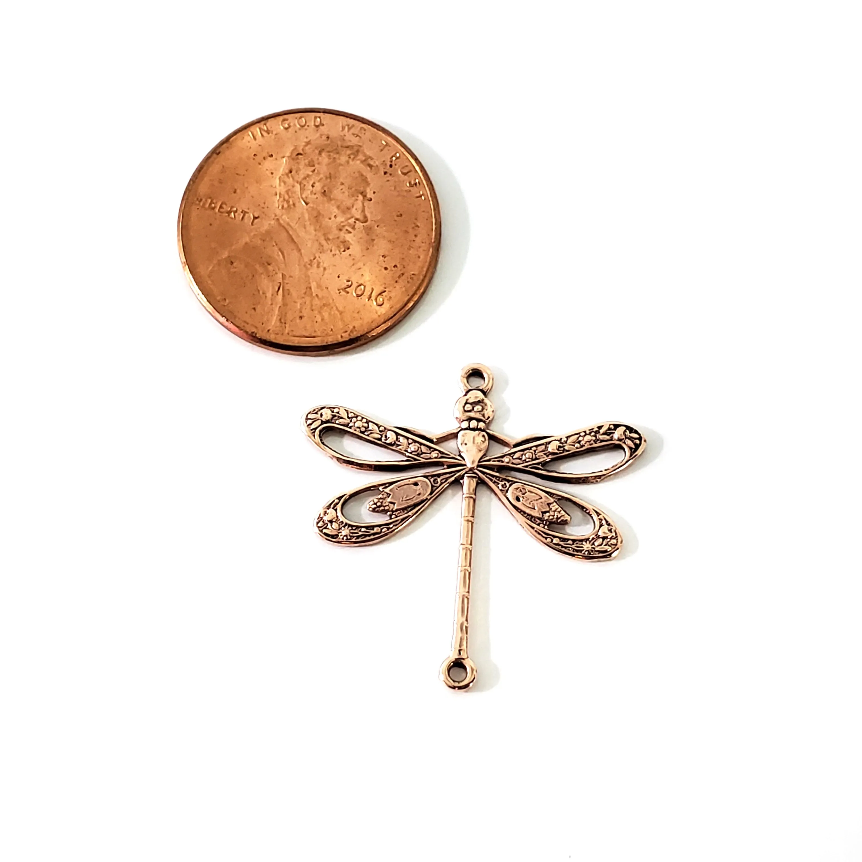 Rose Gold Filigree Dragonfly Connector Charm, 2 Loop, 24 Kt Rose Gold Plated Brass, Lot Size 10, #09 RG