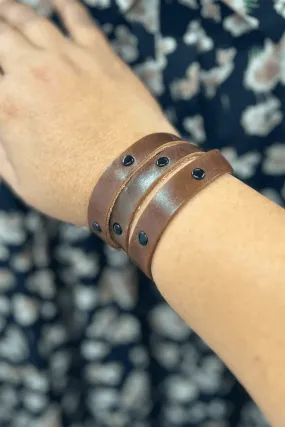 Tri Wrap Studded Leather Bracelet in Saddle