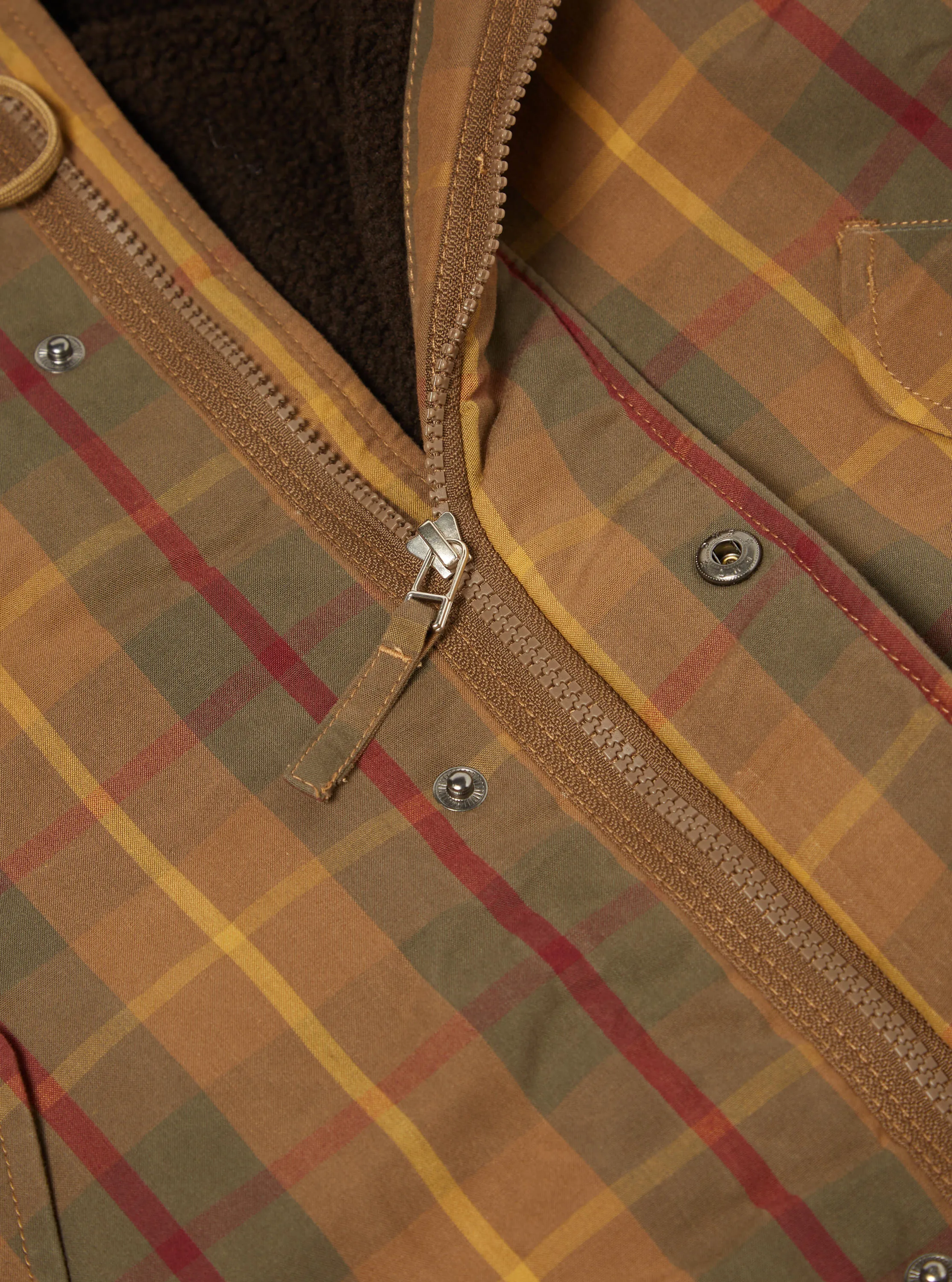 Universal Works Hebrides Parka in Cinnamon British Drywax Check