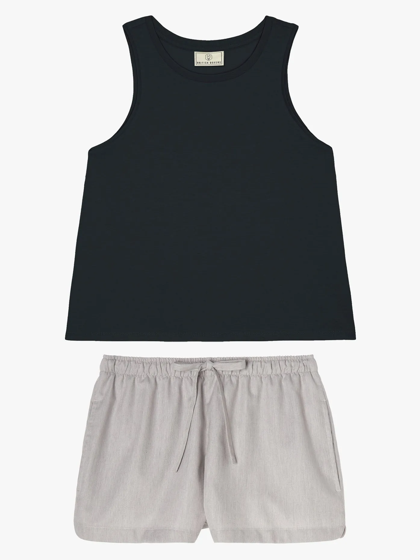 Women's PJ Shorts & Vest Set – Armoury Grey Herringbone & Joni Black Tank Top